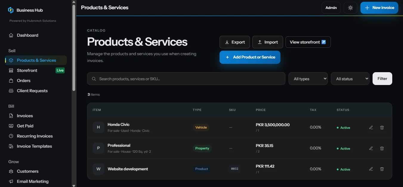 Business Hub catalog showing vehicle, property and website development listings, plus orders, invoices and customers in the sidebar